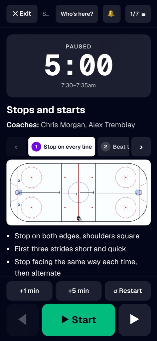 Rink mode on a phone, with the timer and the drill