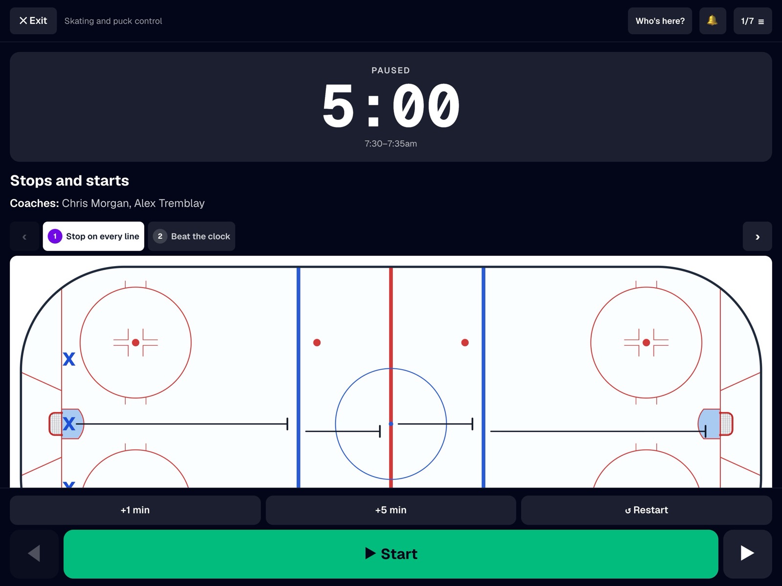 Rink mode on a tablet with the timer and the drill