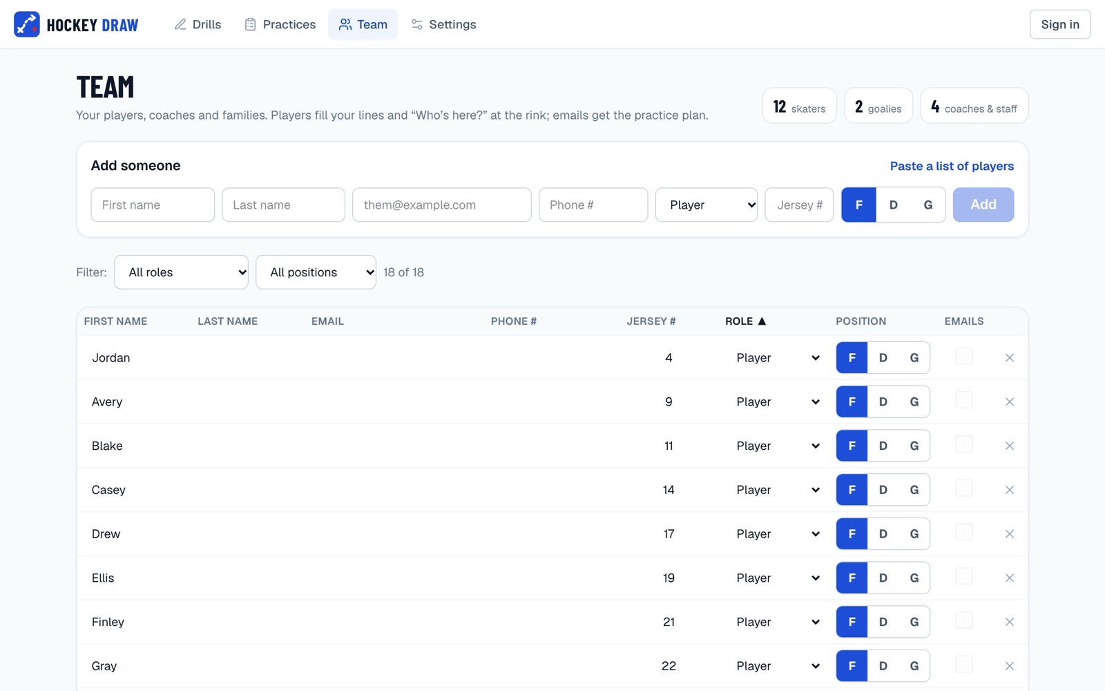 The team page with players, roles and positions